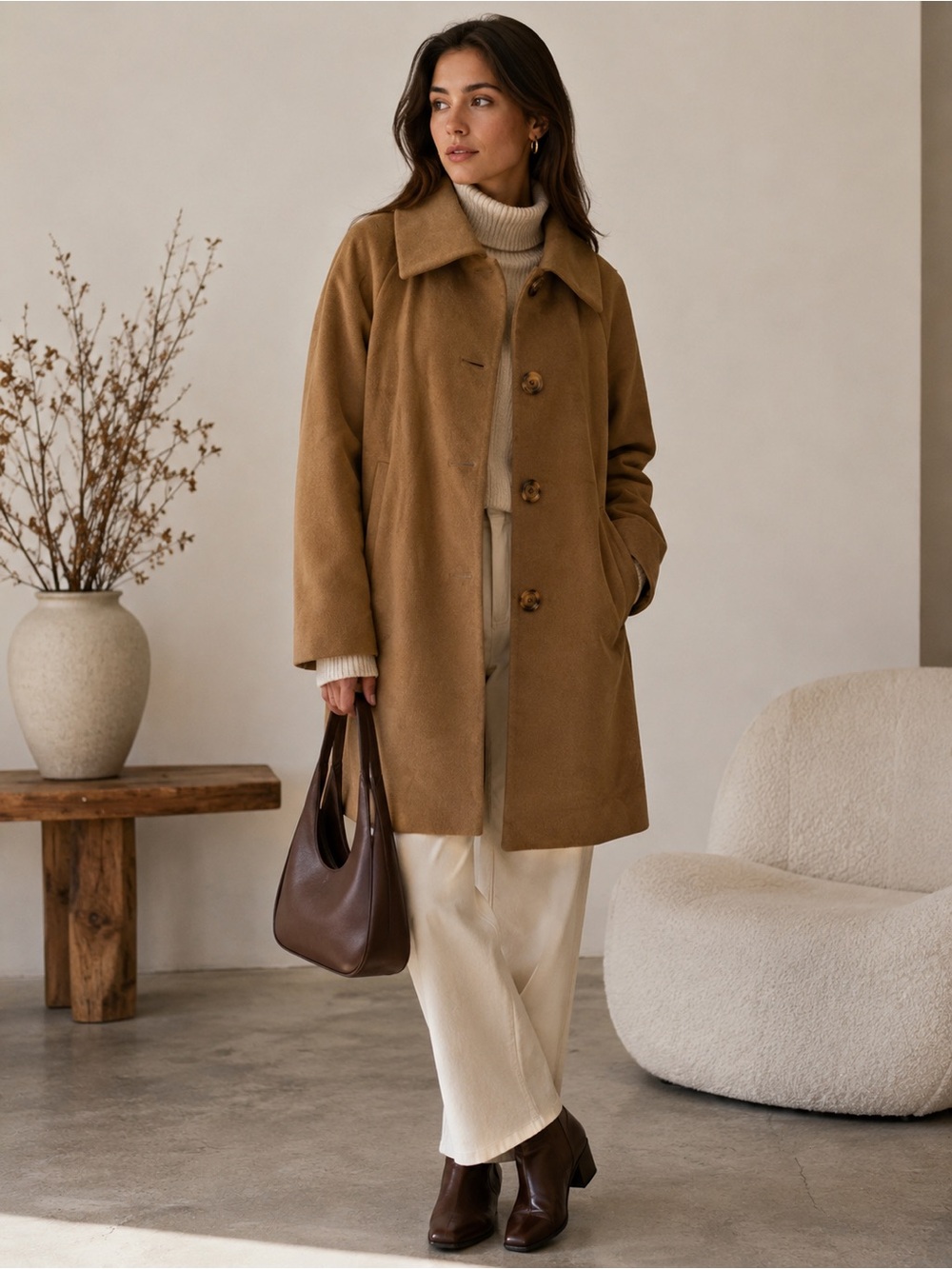 HR2 Women's Camel Brown Angora & Wool Coat